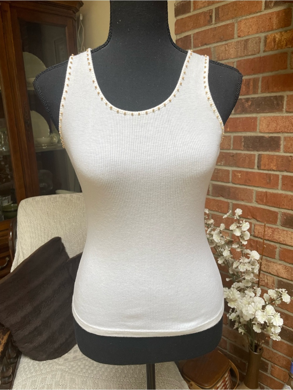 White Ribbed Tank Top with Tan Trim